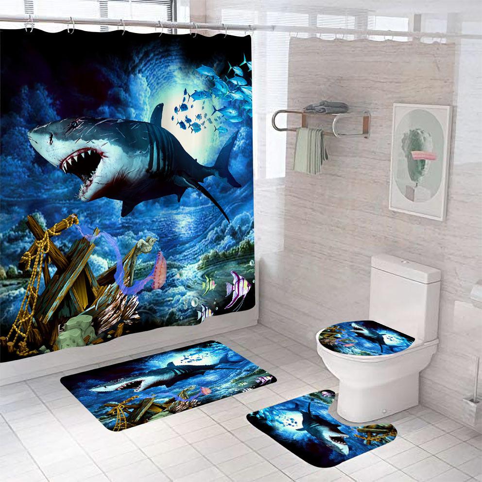 Bathroom Shower Curtain Four-piece Digital Printing Sand Underwater World Waterproof Shower Curtain Shower Curtain Partition Curtain Bath Mat