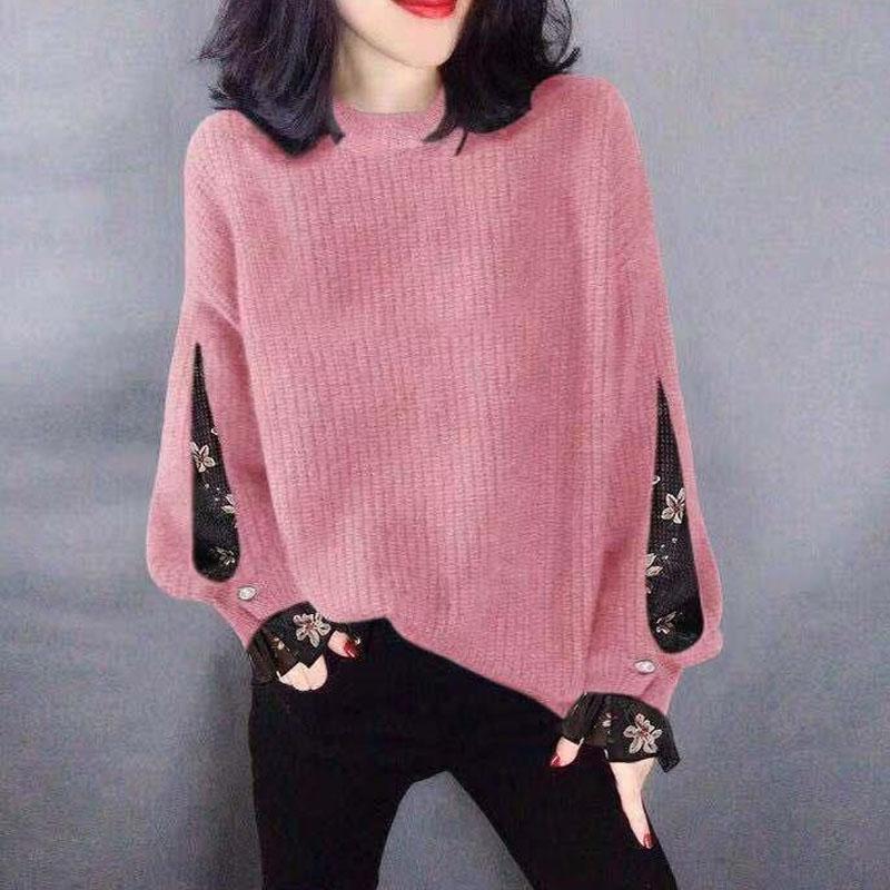 New Autumn Winter Fashion Korean Version Patchwork Contrasting Round Neck Sweater Loose and Versatile Western-style Knitted Top