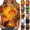 Women's Casual 3/4 Sleeve Halloween Print Round Neck Top Lightweight Loose Fit Pullover Shirt for Everyday Wear