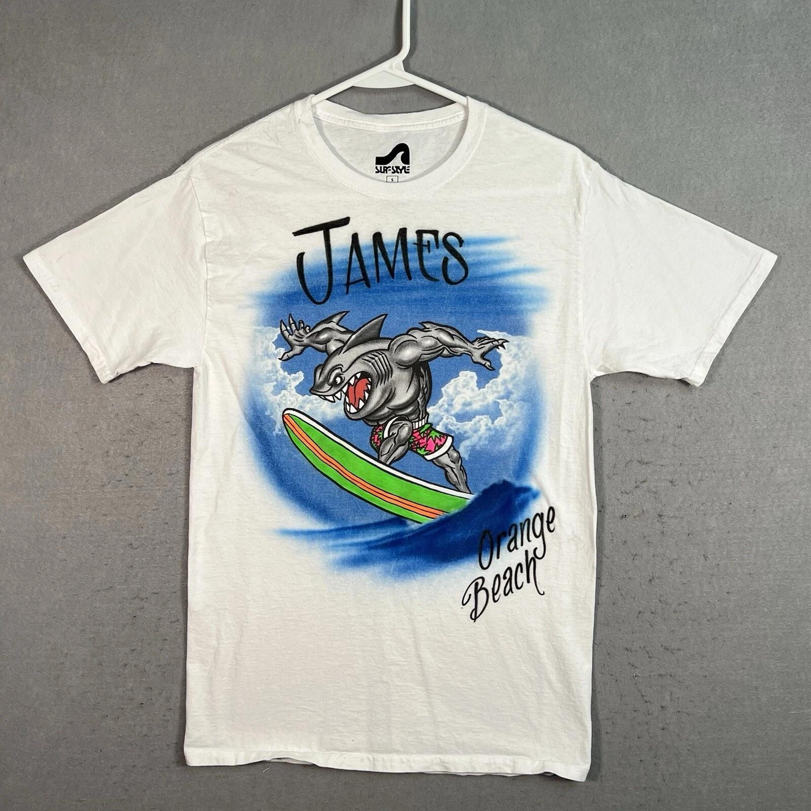 Surf Style Orange Beach Surfing Shark Air Brush T Shirt Adult Small White Mens 2XL