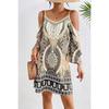 Women Bohemian Print Cold Shoulder Mini Dress Casual Long Sleeve A Line Dress