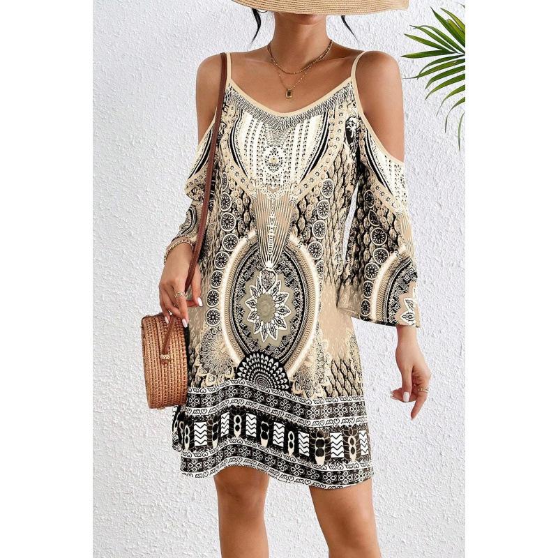 Women Bohemian Print Cold Shoulder Mini Dress Casual Long Sleeve A Line Dress