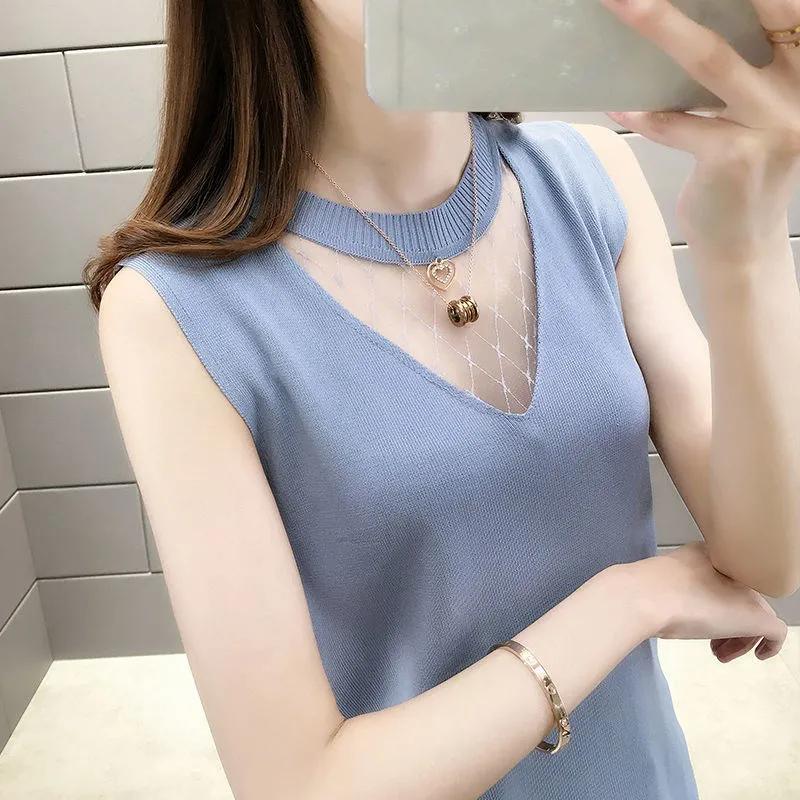 WTEMPO Lace Patchwork Ice Silk Knitted Vests Camisole Tops Women's Spring Summer V-neck Sleeveless Short Loose Bottom Tops