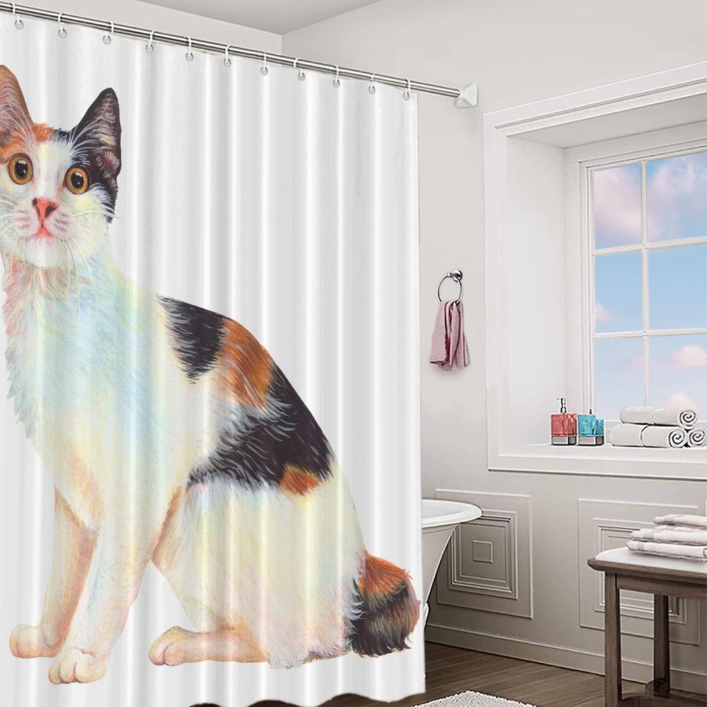 Beige White Animal Cat Decor Shower Curtain, Polyester Shower Curtain For Shower Stall Bathroom Waterproof With 10 Hooks