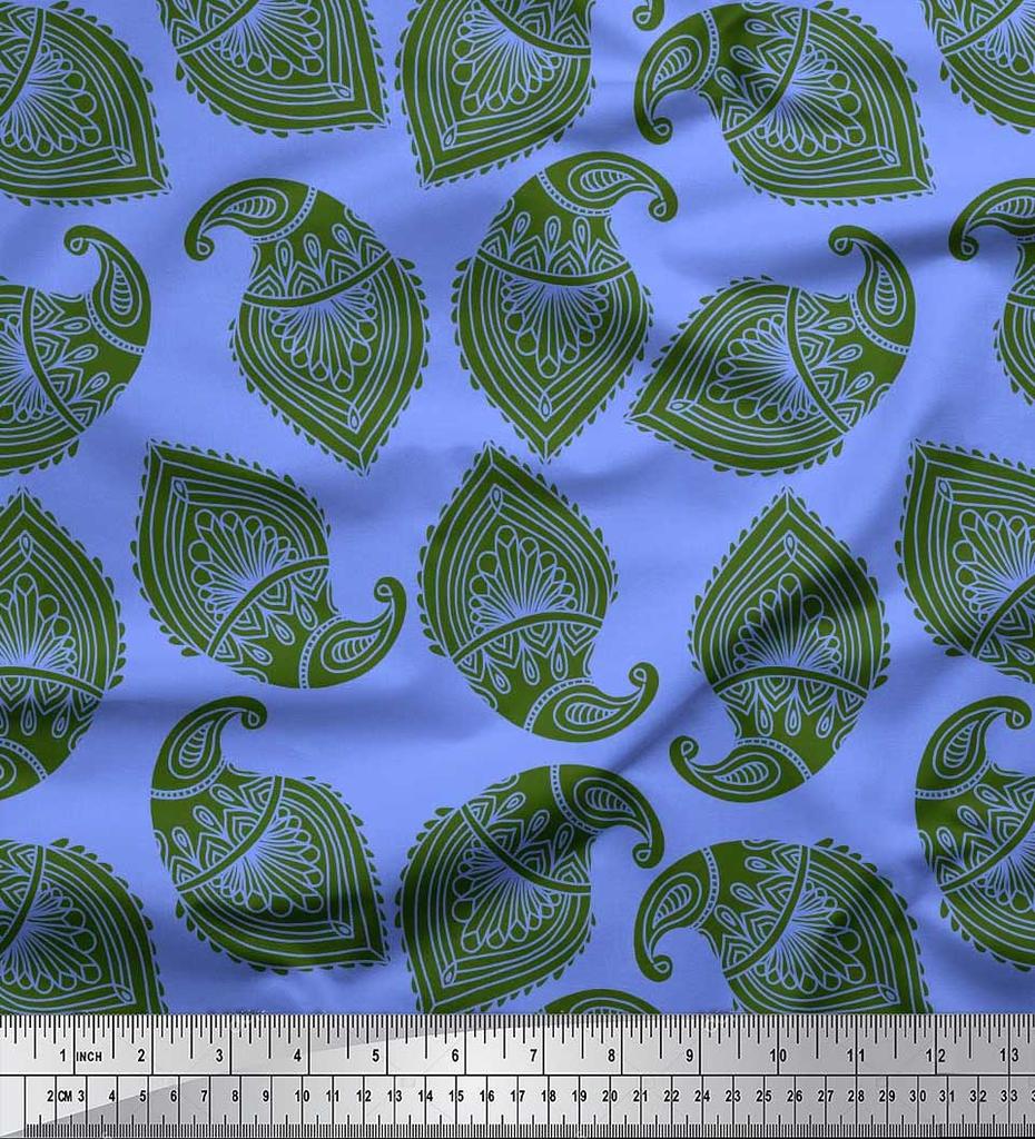 Soimoi Blue Japan Crepe Satin Fabric Green Paisley Printed Craft Fabric by the metre 42 Inch