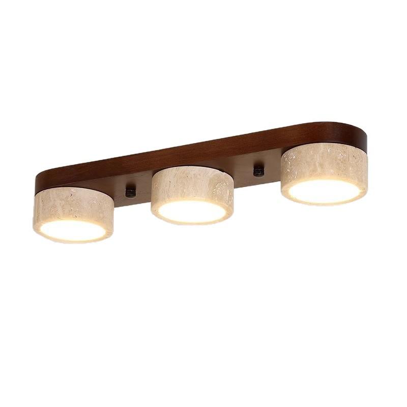 Wabi-Sabi Style Yellow Travertine and Walnut Ceiling Light for Hallways, Cloakrooms, and Balconies