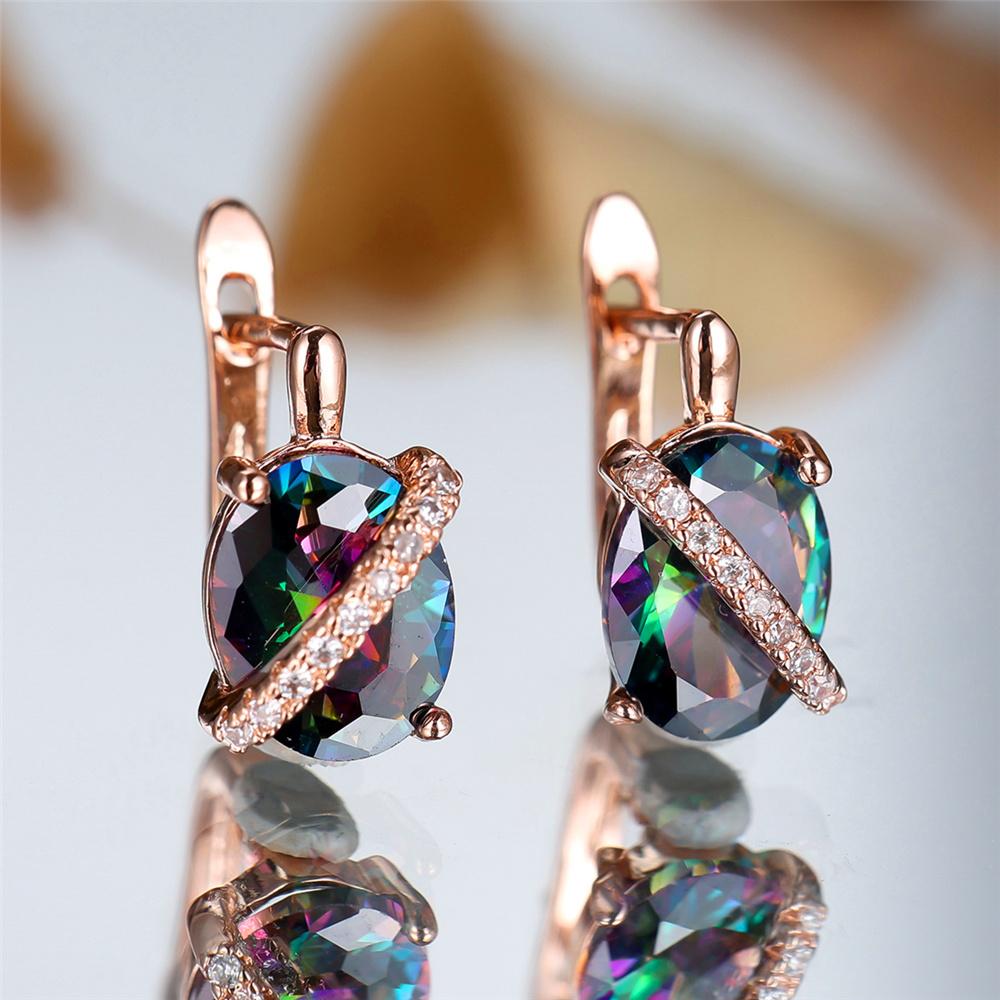 Cute Female Rainbow Zircon Stone Oval Hoop Earrings  Female Silver Color Wedding Jewelry For Women
