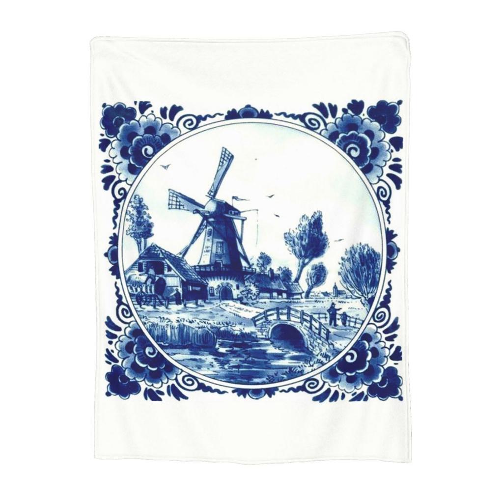 Niederländisch Blau Delft Vintage Windmühle Decke Weich Warm Flanell Überwurf Decke Tagesdecke für Bett Wohnzimmer Picknick Reisen Zuhause Couch