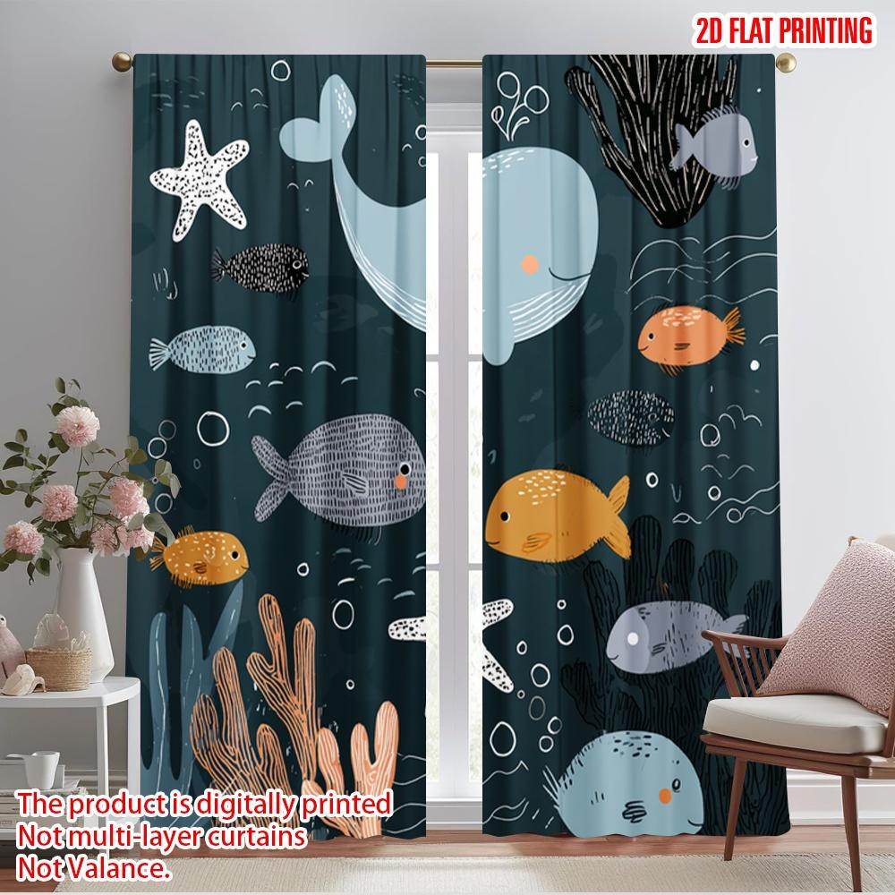 2pcs 2D flat printing Window Curtains Cute Ocean Creatures Cartoon Style Polyester Without Electricity Seasonal Party & Holiday