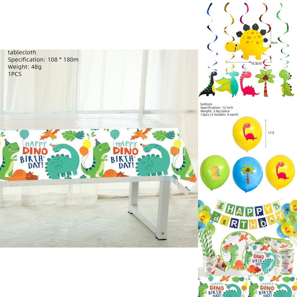 Colorful Cartoon Dinosaur Party Birthday Supplies Tableware Plates Cups Banner Set