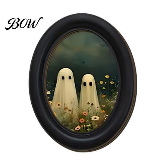 Gothic Farmhouse Decor Halloween Wooden Door Hanging Sign, Oval Black Cat Ghost Wall Plaque, Retro Painting Waterproof Art for Entryway Bedroom Cafe,