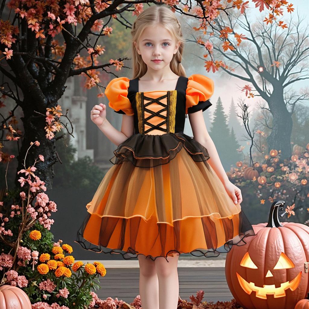 Girls Princess Dress Halloween Costume Cosplay Witch Dress Bubble Sleeve Pumpkin Mesh Tutu Children Princess Dress Mesh Skirt