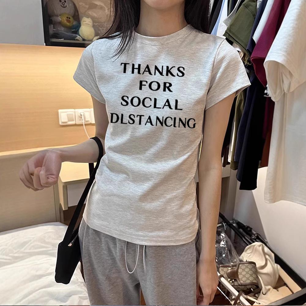 Summer new front shoulder crew neck letter print design short-sleeved T-shirt women's casual wear versatile bottoming shirt top