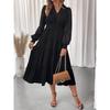 New Women's Elegant V-Neck Waist Cinched Solid Color Lace Long Sleeve Dress Leisure