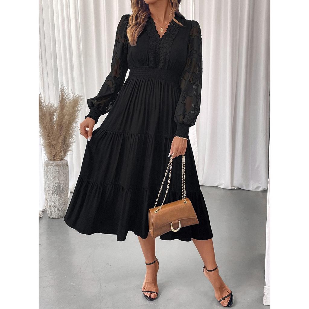 New Women's Elegant V-Neck Waist Cinched Solid Color Lace Long Sleeve Dress Leisure