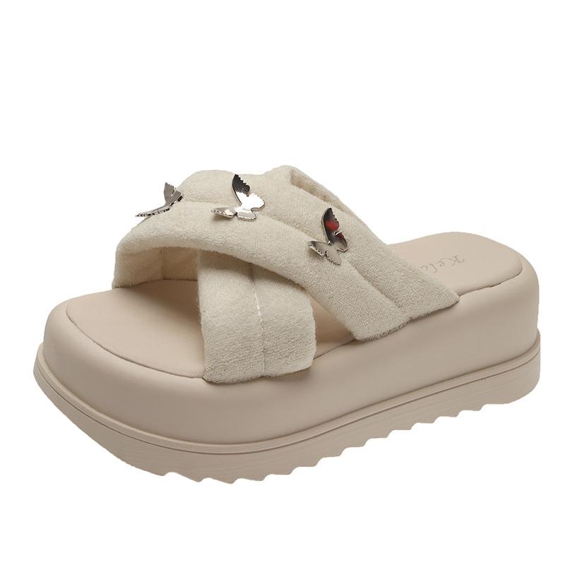 2025 New Summer Thick-soled Heightening Slippers Women Wear Butterfly Metal Buckle Fashion Explosion One-word Sandals Non-slip