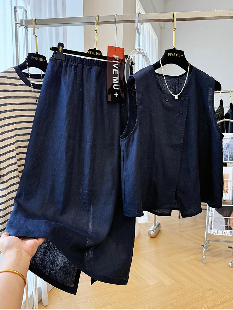 Women's Unique Pure Linen Summer Outfit - Skirt and Vest Set
