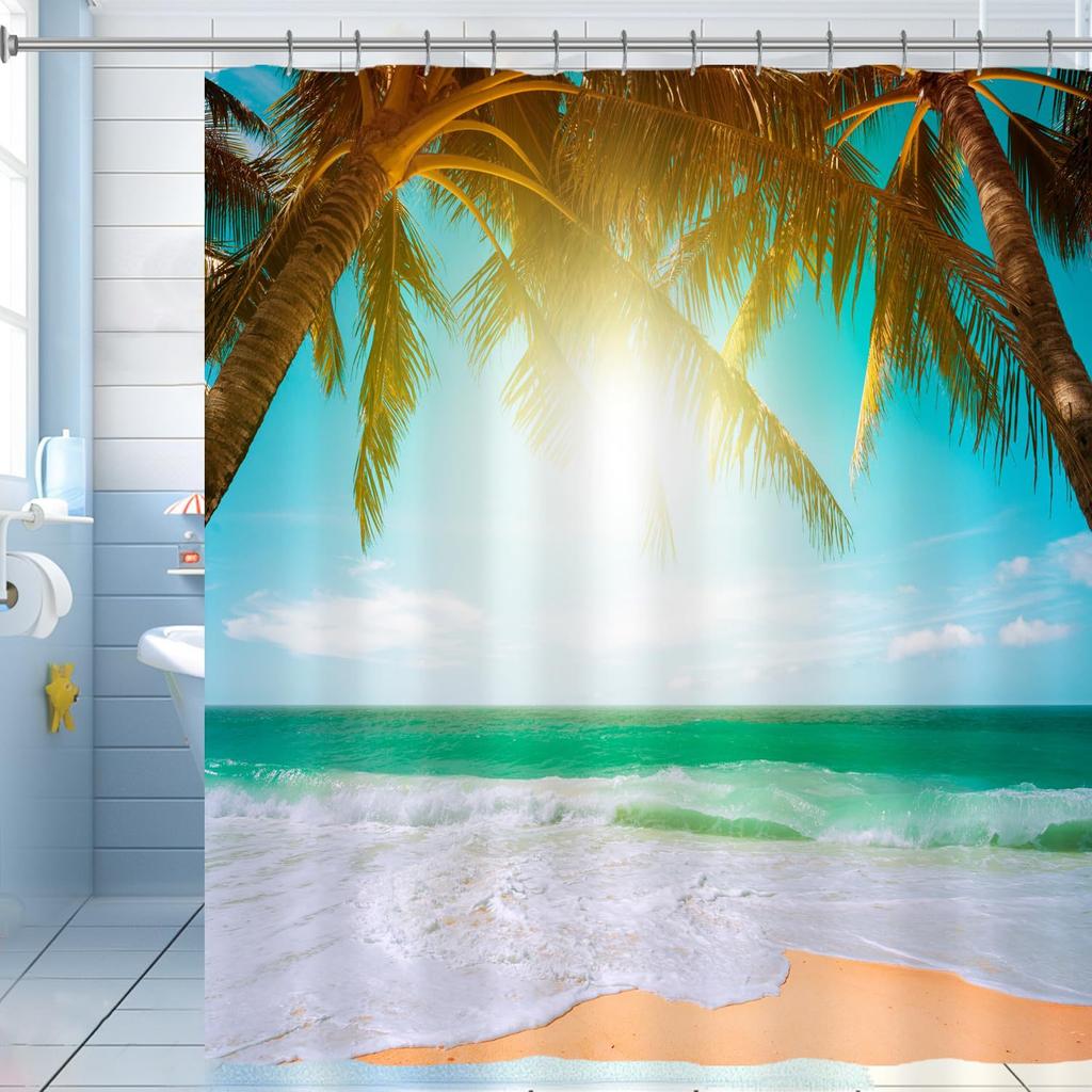 Purple Sunrise Beach Shower Curtain Coastal Shell Shower Curtain Suitable For Bathroom Waterproof Fabric Bathroom Curtain With Hook