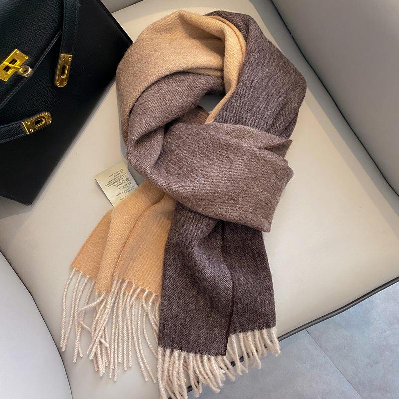 Gradual change color pure wool scarf women's winter versatile tassel long double-sided color large shawl dual-purpose new