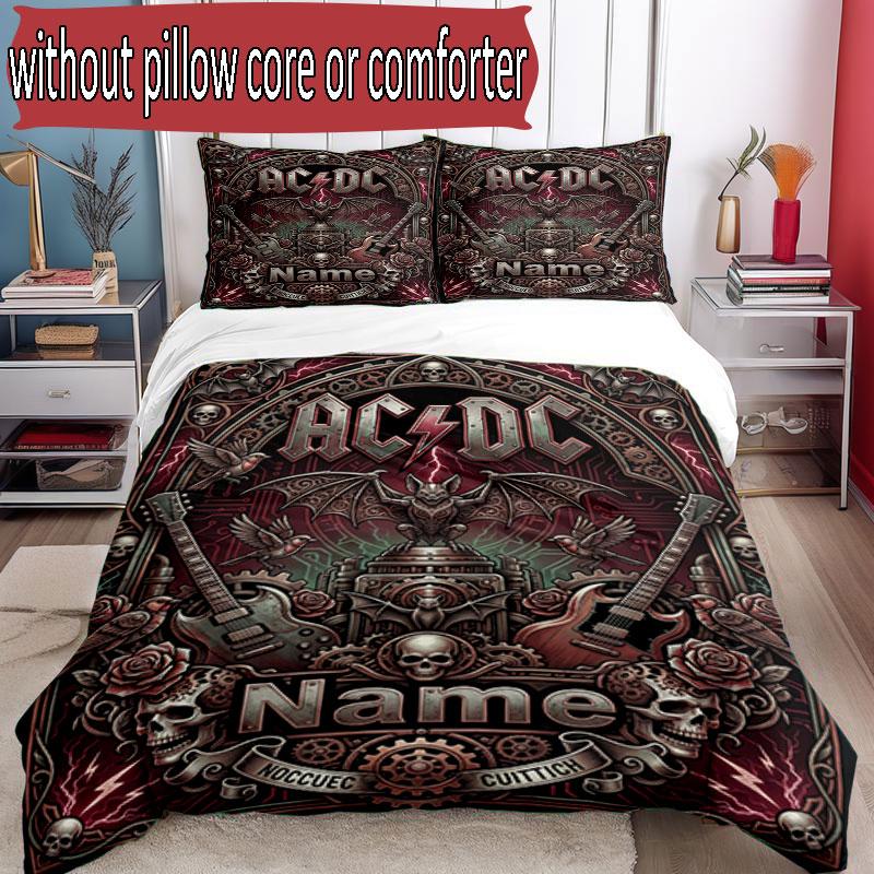 3pcs Duvet Cover Set (1*Duvet Cover + 2*Pillowcase, Without Core), Custom Name ACDC BAND Pattern Bedding Set, Home Bedroom Decor Gift