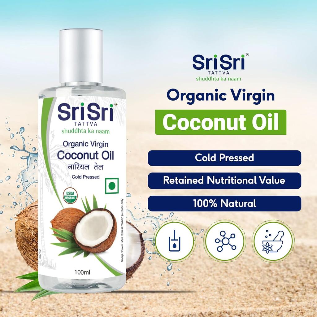 Sri Sri Tattva Organic Virgin Coconut Oil 100ml X Pack of 2 | Cold Pressed Natural Hair & Skin Oil
