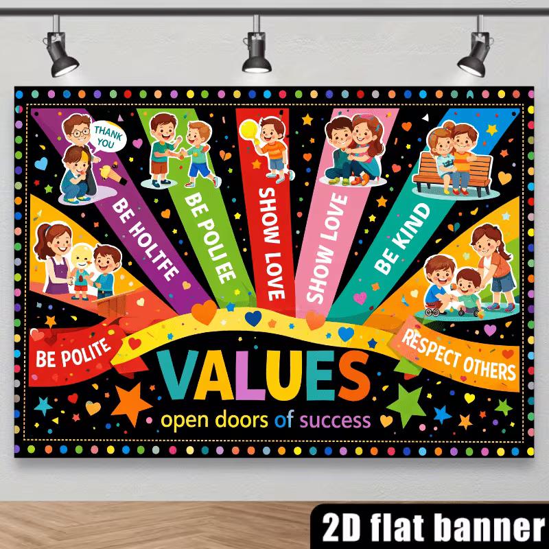 2D Positive Values Backdrop, Kids School Classroom Character Education Photo Booth Banner