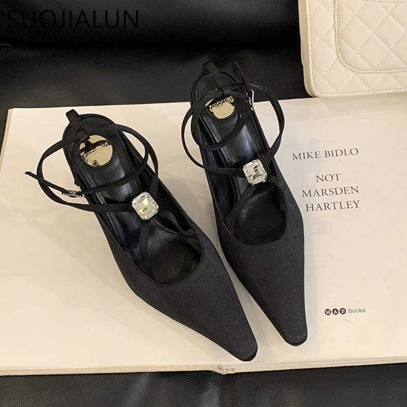 Fashion SUOJIALUN 2025 New Brand Women Sandal Fashion Big Crystal Ladies Elegant Slingback Shoes Thin High Heel Pointed Toe Dress Pumps