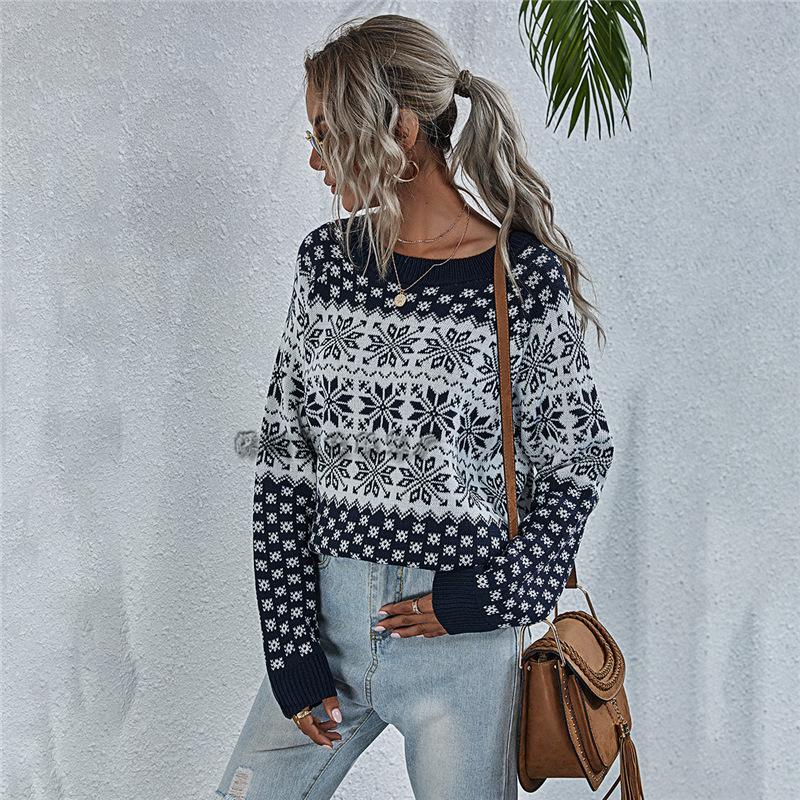 Snowflake pattern splicing knitted sweater women's 2020 winter European and American style commuting loose pullover acrylic sweater