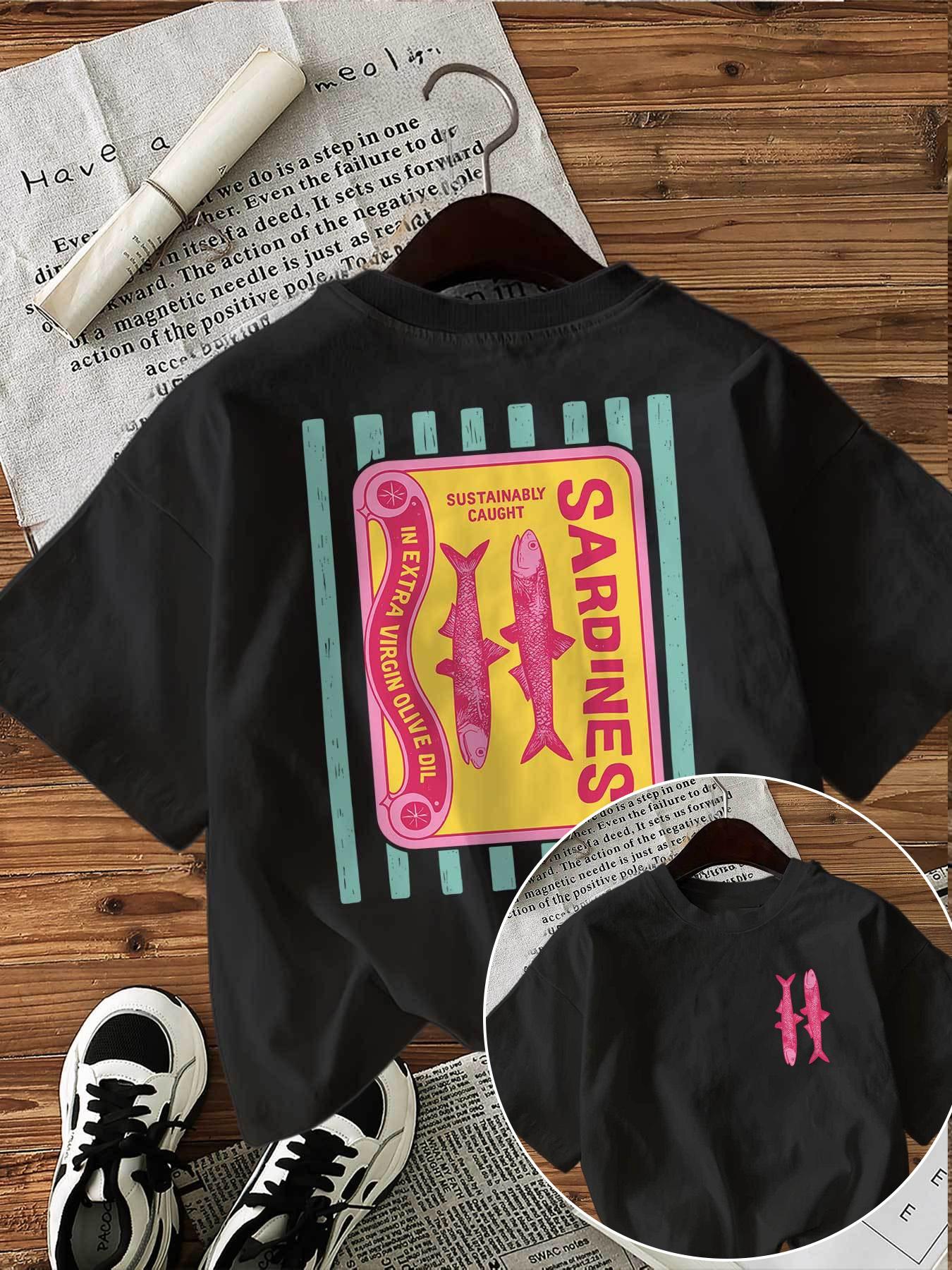 Sardine Printed Unisexs Tshirt Sleeve Round Neck Top With Front Back Sustainably Caught Sardine Retro Casual Unisexs Clothing S
