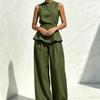 Elegant Commuting Pure Color Ruffled Hemmed Fitted Waistless Sleeveless Top Paired with Loose and Smooth Wide-leg Pants for Women's Two-piece Set