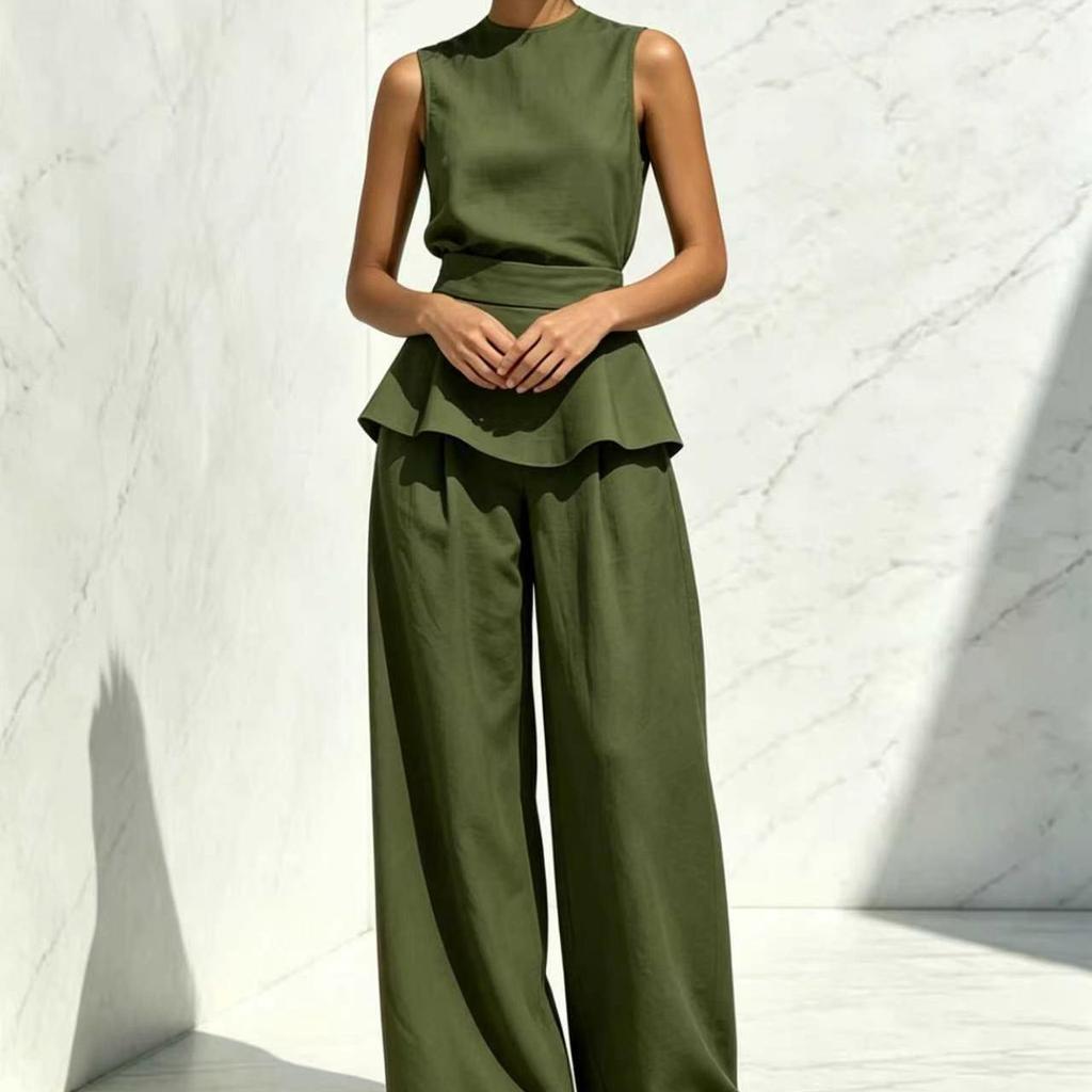 Elegant Commuting Pure Color Ruffled Hemmed Fitted Waistless Sleeveless Top Paired with Loose and Smooth Wide-leg Pants for Women's Two-piece Set
