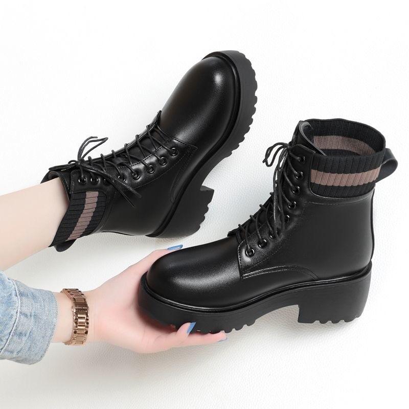 Autumn and winter new thick-soled heightening warm Martin boots women's velvet thickened soft leather soft-soled versatile short boots