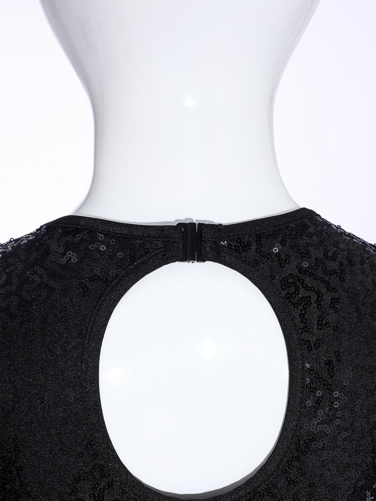 Girls Penguin Costume Color Contrast Sequins Dress Round Neck Short Sleeve Bow Tie Buttons Puffy Mesh Skirt