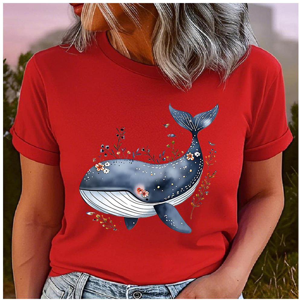 Unisex 100% Polyester Summer Top Watercolor hand-drawn style blue whale Print Loose round Neck Short Sleeve Fashion for Lovers