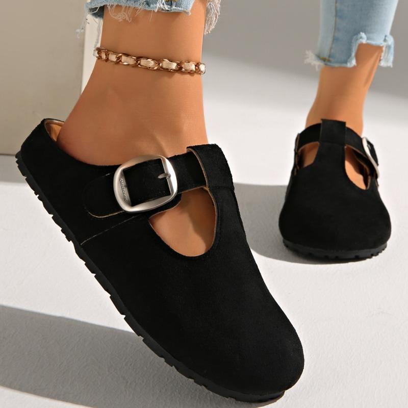 Mode Fleece Brotzehen-Hausschuhe Herbst Neu Runde Zehe Tiefer Ausschnitt Metall-Schnalle Slipper Ballerinas mit Weicher Sohle