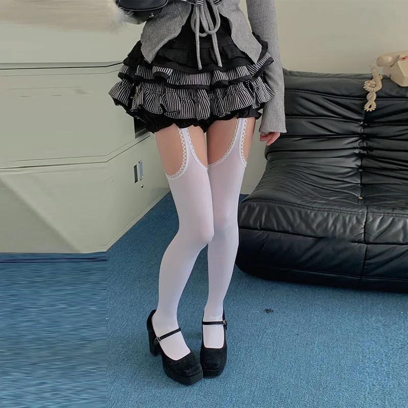 Women White Sexy Stockings with Belt Suspender Wide-banded Tights Lolita Thigh High Stockings with Garters Over The Knee Socks