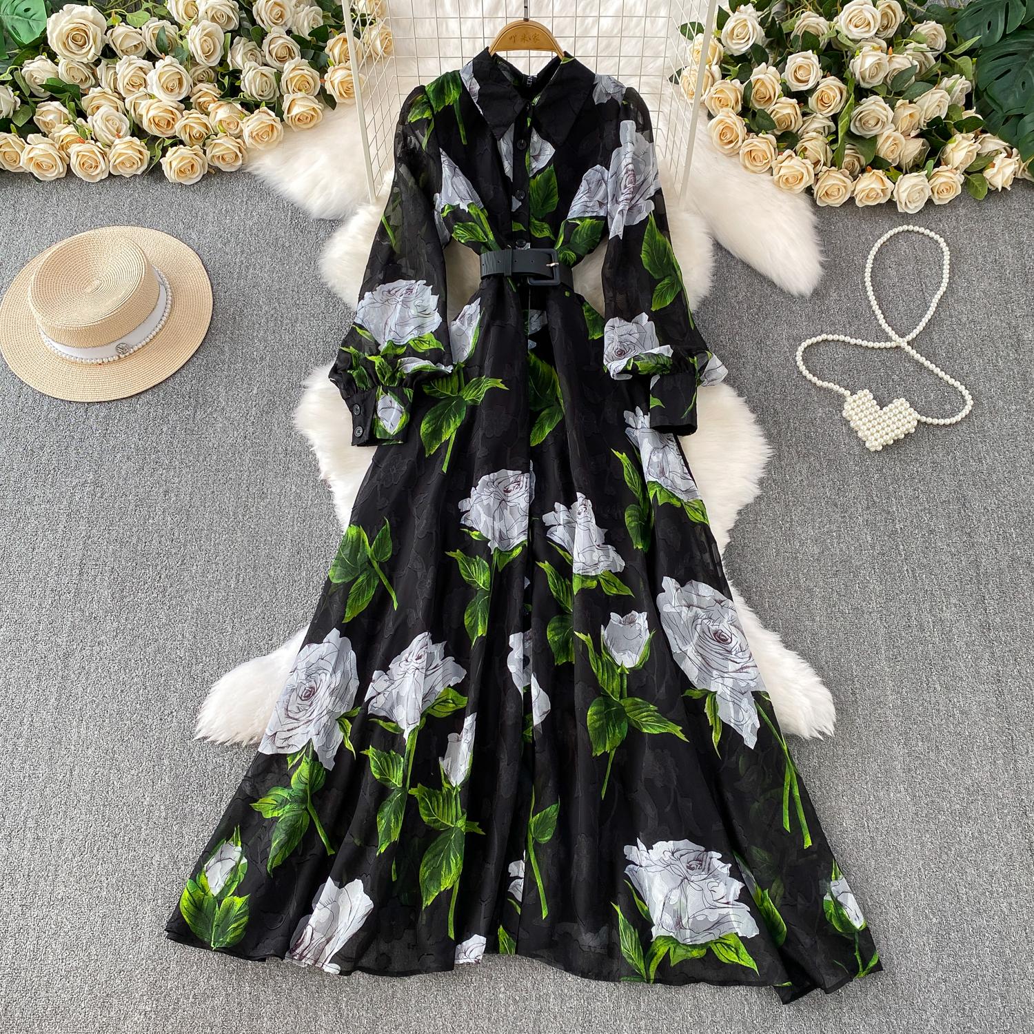 

Французский стиль для отпуска Супер фея с принтом Лацкан Длинный рукав Платье Женское Весна Осень Однобортное Талия Расклешенное Элегантное XXL чёрный