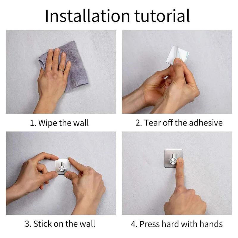 4pcs Self-Adhesive Towel Hooks 304 Stainless Steel Stick-On Wall Hooks For Home Coat Robe Bathroom Organization Accessories