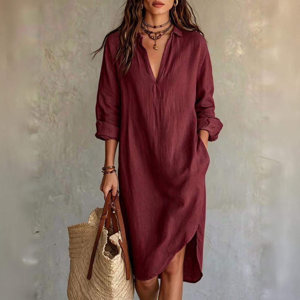 Damen Leinen Hemdkleid Lockerer Schnitt Mittellang Lässiges Sommerkleid
