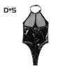 Women Honeymoon Bodysuit Fishnet Faux Leather Patchwork Off Shoulder Bodycon Chain Decor Open Crotch Playsuit Nightclub Hotel Wedding Night Sex