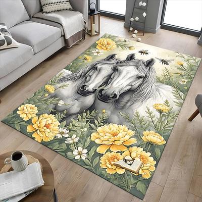 1PC Horses Flowers Non-Slip Floor Carpet Compatible for Office&Living Room&Dining Room - Flat-Weave Machine- Soft & Pattern-E240