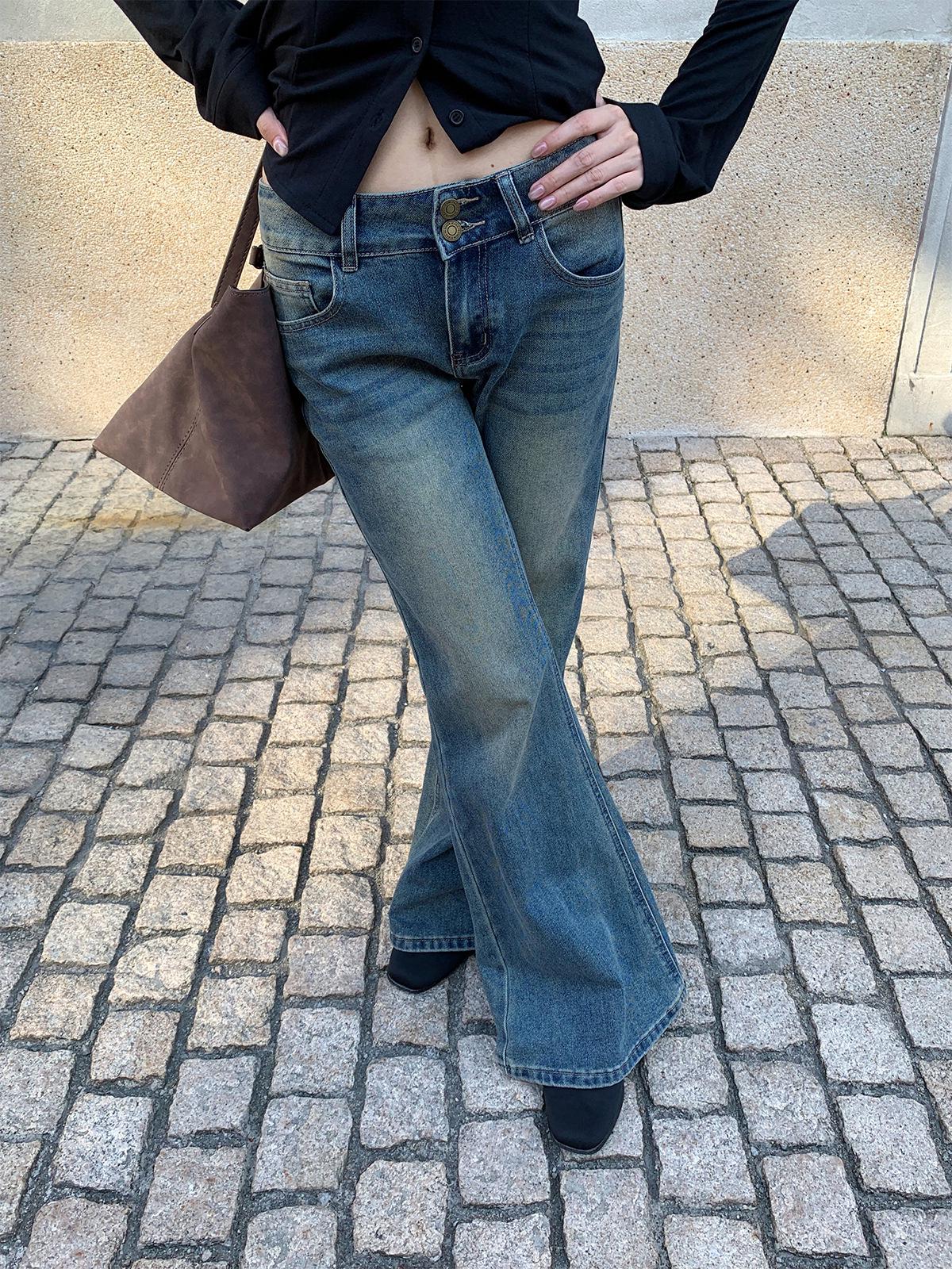 

Retro Micro-Flare Women s Jeans - Autumn/Winter 2025 Collection, Double Button, Versatile Casual Long Pants (Style: CA515) M синий