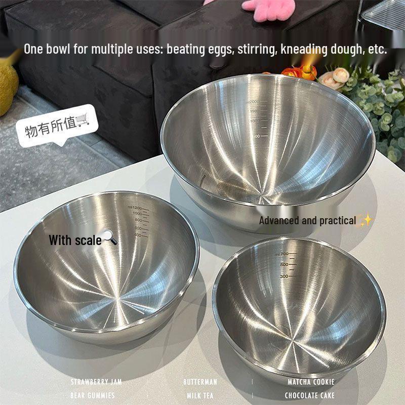 Extra Thick Food-Grade Stainless Steel Basin with Scale for Vegetables & Dough—Household Kitchen Mixing Bowl