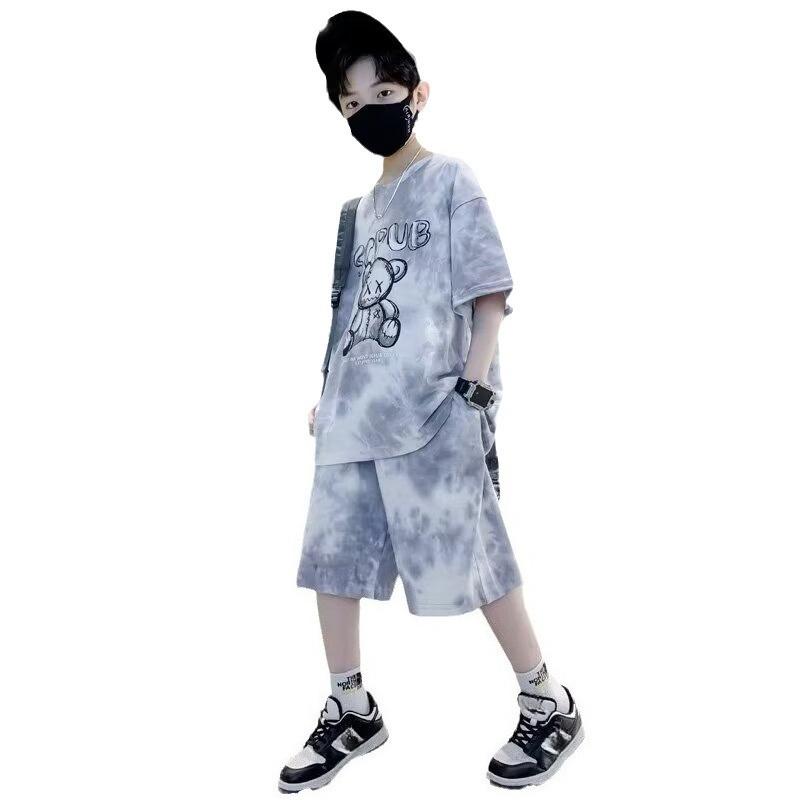 Drukowany Zestaw Ubraniowy dla Chłopców Luźny Casualowy Letni dla Nastolatków T-shirty z Gradientem + Krótkie Spodenki Ubrania Sportowe z Krótkim Rękawem dla Dzieci Garnitury