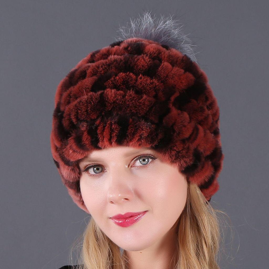 Women's Fur Hat with Rex Rabbit and Fox Fur Pompon for Autumn and Winter