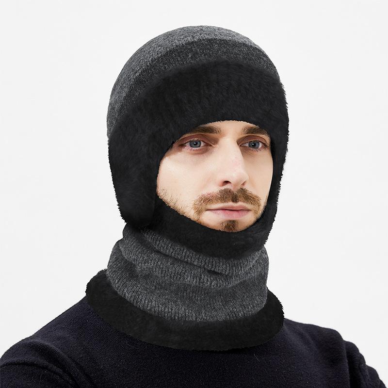 Winter Wool Warm Color-Matching Ear Protection Knitted Hat Men's Outdoor Cold-Proof Velvet Neck Set Two-Piece Wool Hat