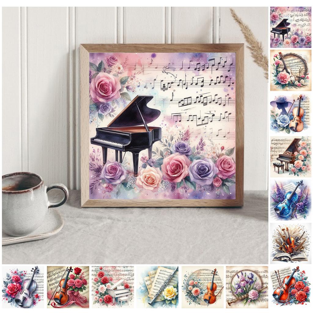 Sady Diamond Art s hudebními nástroji a květinami pro dekoraci stěny domácí kanceláře DIY Gem Art Sady pro malování diamanty 15,75 X15,75 palce