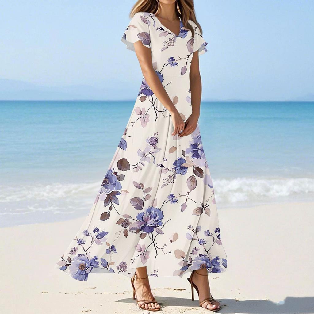 Women's Summer Casual Fashion Floral Print Dress V Neck Short Sleeve Dress