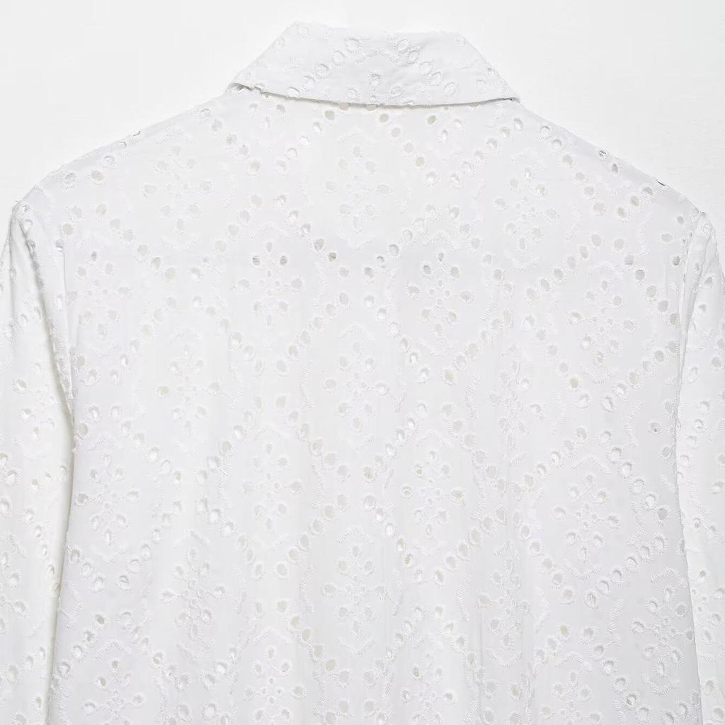 2025 Lato Damska Haftowana Ażurowa Koszula Casual z Klapami - Styl Europejski i Amerykański