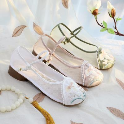 Mesh Jade Rhyme, New Low-heeled with Cheongsam Hanfu Shoes, Ethnic Style Single Shoes, Embroidered Shoes
